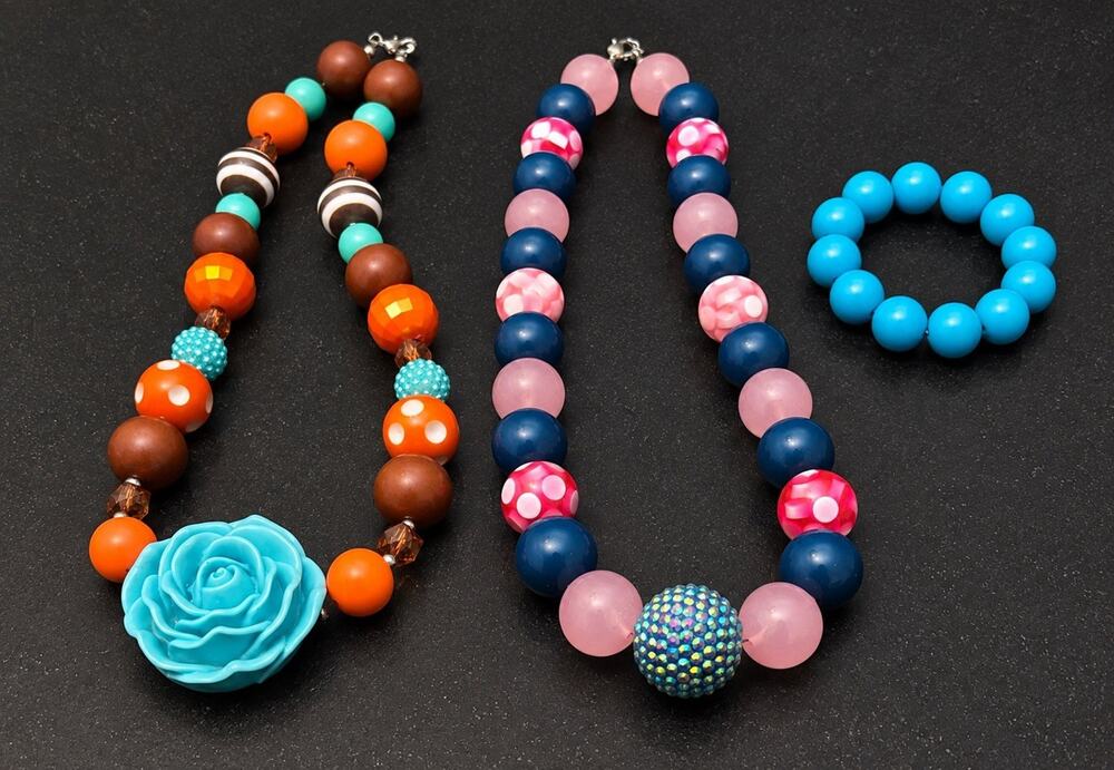 3 Pc Chunky Beaded Jewelry Lot Statement Necklaces Bracelet Colorful Floral